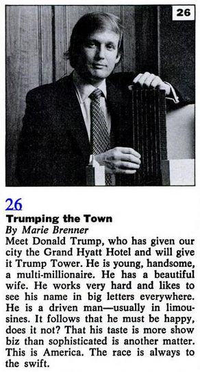 New York magazine contents page describing Donald Trump in  November 1980 story, “Trumping The Town.”