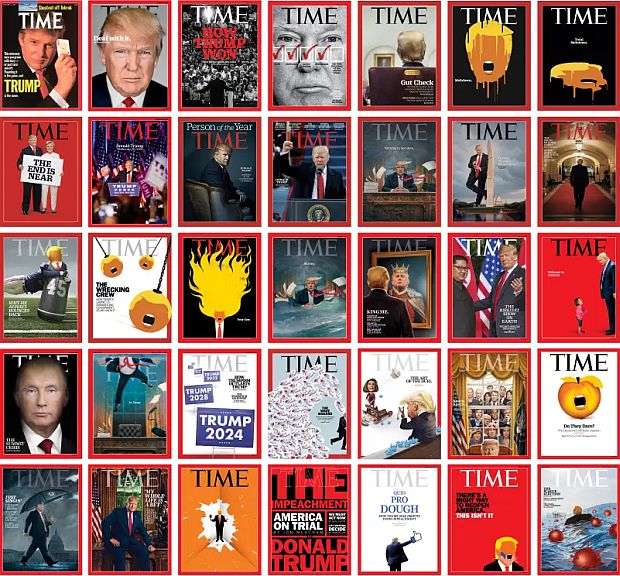 A sampling of Time magazine covers as of January 2021 with various photos, caricatures, and other renditions of Donald Trump making news, controversy, and/or chaos as he went, dating from 1989. (Click for Amazon page of Trump magazine covers).