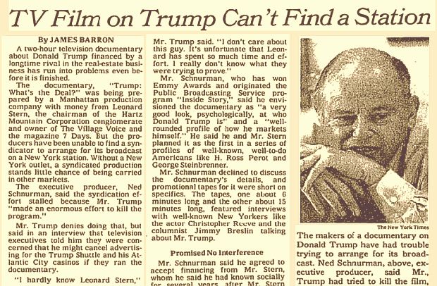 Part of an August 19, 1989 New York Times story about the blocked documentary film on Trump by James Barron, “TV Film on Trump Can't Find a Station”.