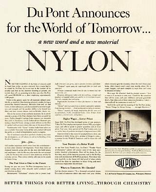 Du Pont newspaper ad at public introduction of Nylon, 1939 New York World's Fair, 'Wonder World of Chemistry' exhibit. New York Herald Tribune, October 30, 1939, 'The Women's Forum' section. Source: Science History Institute.