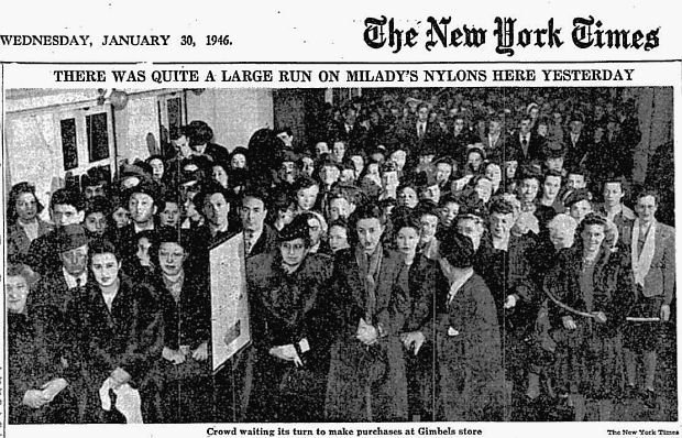 Photo used with a January 1946 New York Times story showing large “crowd waiting its turn to make purchases at Gimbels store,” where some thousands lined up to buy nylon stockings.  