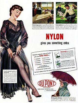 This 1949 Du Pont ad -- “Nylon Gives You Something Extra” –  features nylon stockings,, long-lasting carpet, lightweight golf jackets & quick-drying umbrellas. 