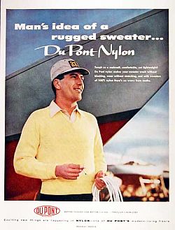A man's sweater gets the "Du Pont Nylon" treatment in this 1950 magazine ad.
