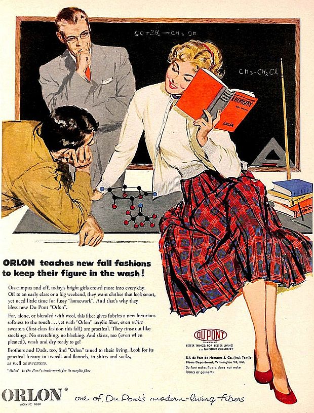1953 Du Pont ad for its "Orlon" synthetic fiber used in female clothing lines exhibited in this "Chemistry Classroom" example, run in Life magazine and others. This ad is also available as wall art; click for Amazon. 