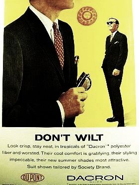 1958 Du Pont ad featuring a Dacron “tropicals” suit that will stay crisp and neat, promising cool comfort to its  wearer.