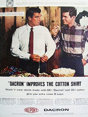 Another 1958 Du Pont ad features wash ‘n’ wear cotton shirts “improved” with 65% Dacron & “extra value in 5 ways.”