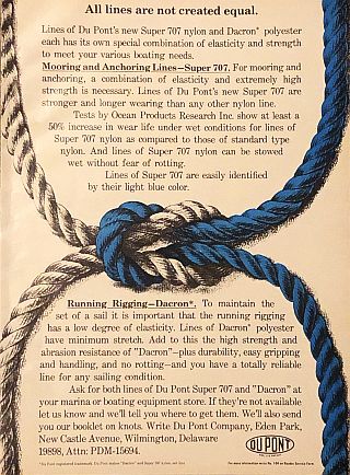 Du Pont’s 1974 ad on sailing rope – mooring rope of nylon, and running rigging lines made of Dacron polyester.