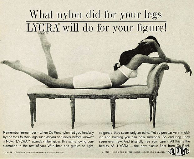 This 1961 Life magazine ad, featuring Du Pont’s ‘Lycra’ synthetic fiber – with headline, 'What nylon did for your legs LYCRA will do for you figure' –  features a dark-haired woman wearing a white bra and girdle lying across a chaise-lounge, as the ad’s text sings the praises of the new Du Pont fiber.