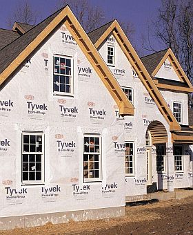 Tyvek protective "building wrap" at construction site. 
