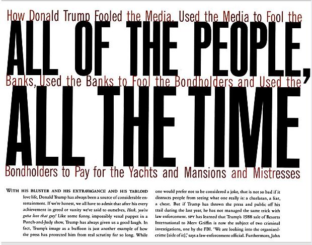Opening page of John Connolly’s detailed April 1991 story on Donald Trump “wheeling and dealing” in Spy magazine– which in the magazine, was originally displayed in a sideways/vertical layout.