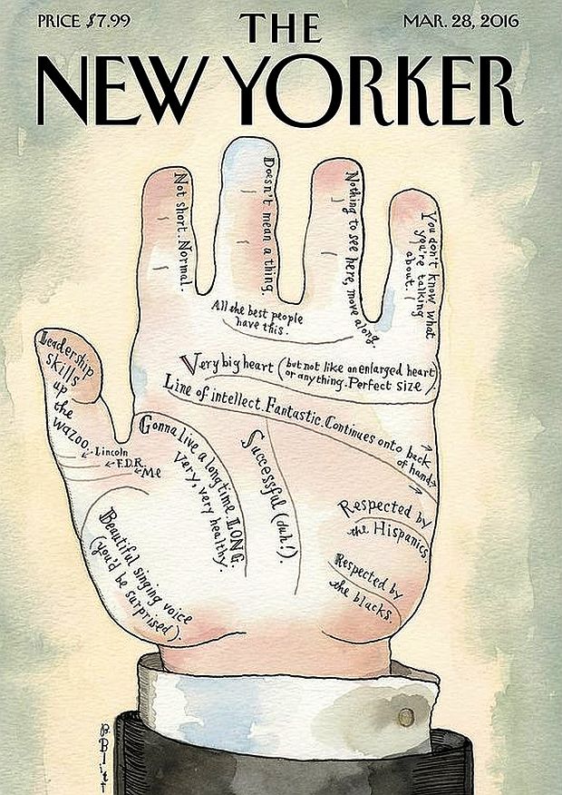 New Yorkers artist Barry Blitt's offering of a palm and hand reading for the cover of The New Yorker magazine, March 28, 2016.