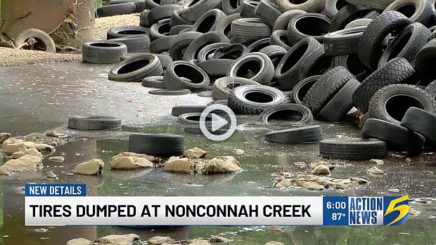 Screen shot of a TV news broadcast about a September 2025 waste tire dumping incident near Memphis, TN. While used tire dumping in the U.S. is not as big a problem as it once was, it still occurs. Click for video clip at YouTube.