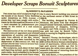 June 6th, 1980 New York Times front-page story on Donald Trump and his destruction of the Bonwit Teller sculptures.
