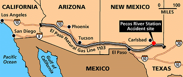 Map shows location and route of the interstate El Paso Natural Gas Line 1103 and location of the Pecos River Station site where the visiting families from Carlsbad, NM had set up their campsite and where the August 2000 pipeline explosion occurred.